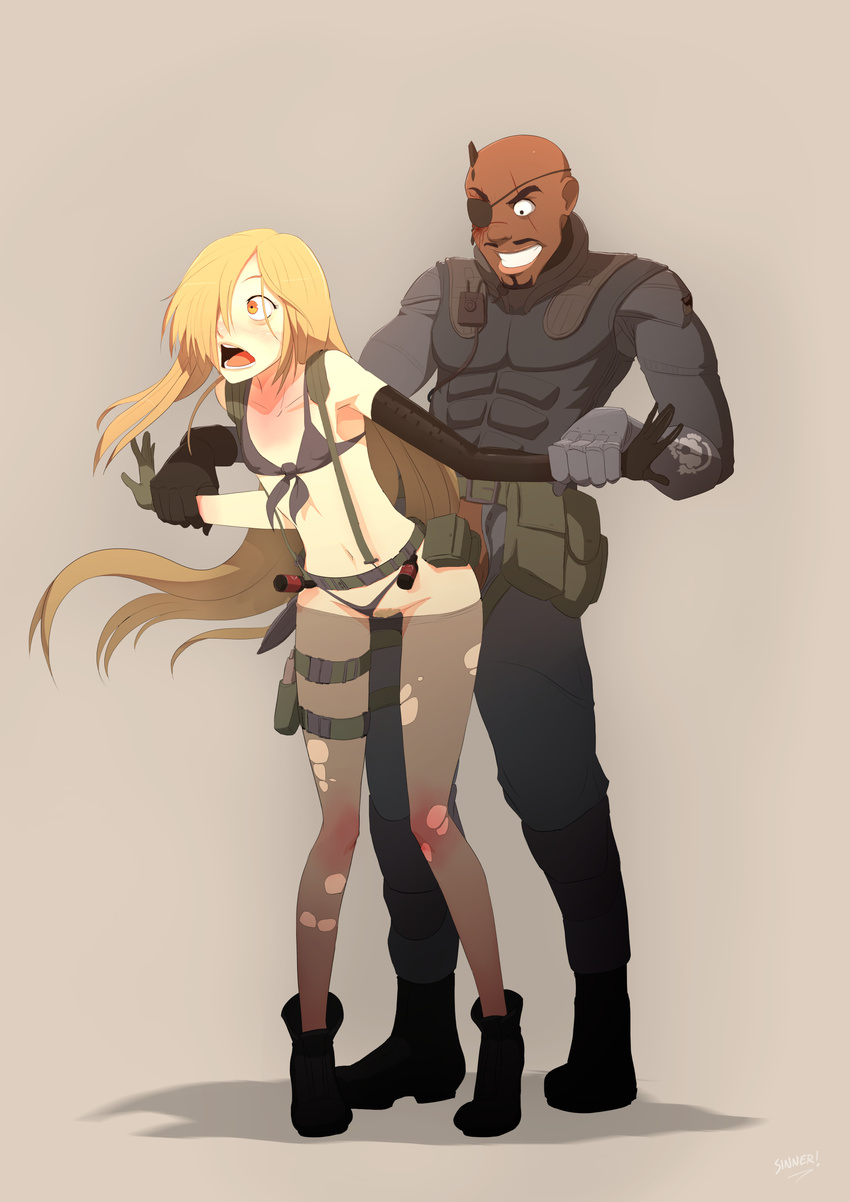1girl absurdres bikini bikini_aside binbougami_ga! blonde_hair bobby_statice clothed_sex cosplay elbow_gloves eyepatch flat_chest front-tie_top full_body gloves hetero highres holster metal_gear_(series) metal_gear_solid_v momiji_(binbougami_ga!) non-web_source open_mouth pantyhose pantyhose_pull pubic_hair quiet_(metal_gear) quiet_(metal_gear)_(cosplay) sex sinner!_(sillygirl) surprise_buttsex swimsuit thigh_holster torn_clothes torn_legwear venom_snake venom_snake_(cosplay)