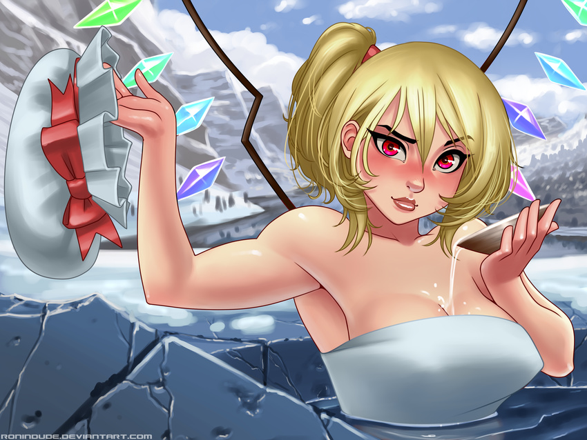 absurdres alternate_breast_size bare_shoulders bathing blonde_hair blush breasts bust_cup cleavage commentary crystal cup eyebrows eyebrows_visible_through_hair flandre_scarlet hat hat_removed headwear_removed highres looking_at_viewer medium_breasts mob_cap naked_towel older onsen partially_submerged pink_eyes raised_eyebrow ronindude sakazuki short_hair side_ponytail solo spilling touhou towel watermark web_address wings