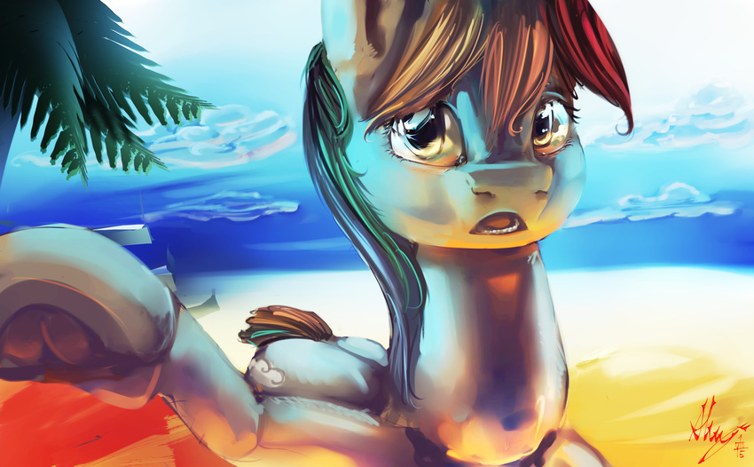 2015 absurd_res alumx beach blue_fur cutie_mark equine female feral friendship_is_magic fur hair hi_res horse looking_at_viewer mammal multicolored_hair multicolored_tail my_little_pony open_mouth outside pony rainbow_dash_(mlp) rainbow_hair rainbow_tail sand sea seaside solo tree water