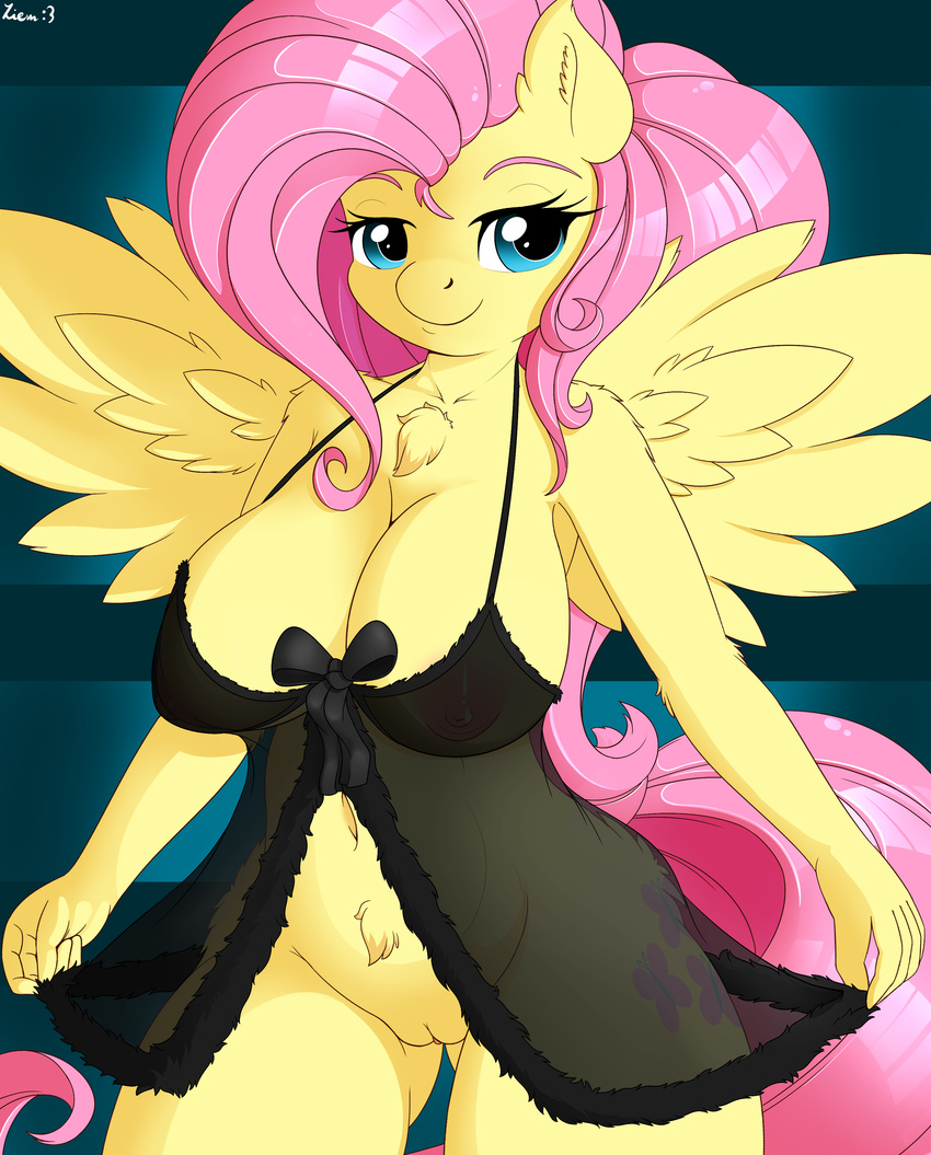 2016 absurd_res anthro anthrofied areola breasts chest_tuft clothed clothing cutie_mark equine eyelashes feathered_wings feathers female fluttershy_(mlp) friendship_is_magic fur hair hi_res long_hair looking_at_viewer mammal my_little_pony navel nipples pegasus pink_hair pussy smile solo spread_wings translucent transparent_clothing tuft wings yellow_fur ziemniax