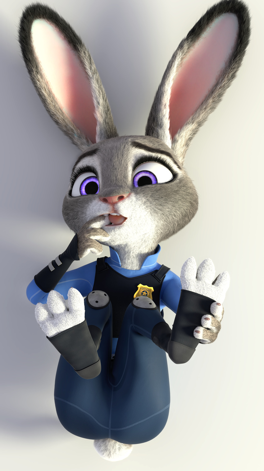 2016 3d_(artwork) anthro badge clothing cute digital_media_(artwork) disney female fur glass grey_fur hardynumb judy_hopps lagomoprh lagomorph mammal police_uniform purple_eyes rabbit splatypi teeth uniform zootopia