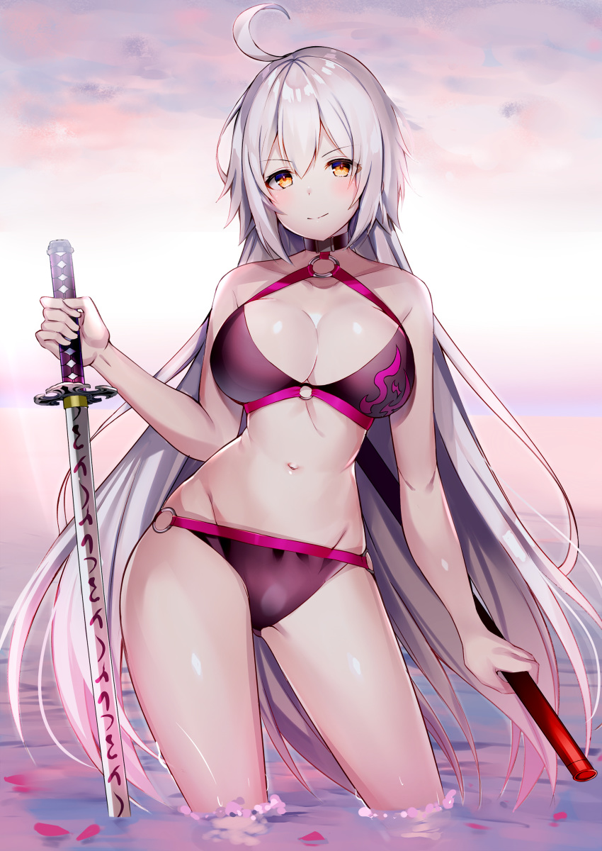 absurdres ahoge aozora_nan bangs bare_arms bare_shoulders bikini blush breasts brown_eyes cleavage closed_mouth cloud cloudy_sky commentary_request eyebrows_visible_through_hair fate/grand_order fate_(series) groin hair_between_eyes highres holding holding_sword holding_weapon horizon jeanne_d'arc jeanne_d'arc_(alter)_(fate) jeanne_d'arc_(alter)_(fate) jeanne_d'arc_(alter_swimsuit_berserker) jeanne_d'arc_(fate)_(all) katana large_breasts long_hair looking_at_viewer navel o-ring o-ring_bikini o-ring_bottom o-ring_top outdoors petals petals_on_liquid purple_bikini silver_hair sky smile solo standing swimsuit swimsuits sword very_long_hair wading water weapon wet