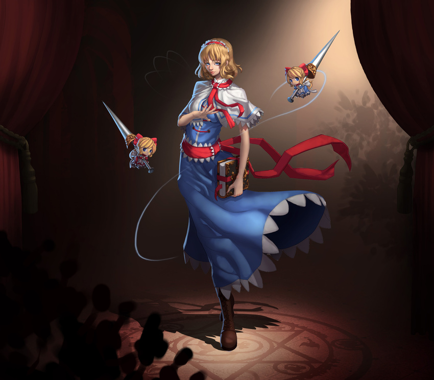 alice_margatroid backlighting bad_id bad_pixiv_id blonde_hair blue_dress blue_eyes blurry book boots bow breasts brown_footwear bush capelet curtains depth_of_field dress grimoire_of_alice hair_bow hairband hand_up highres holding holding_book hourai_doll knee_boots lance lips magic_circle medium_breasts nose polearm red_dress ribbon shadow shanghai_doll short_hair smile solo standing thread touhou weapon wilnus wind