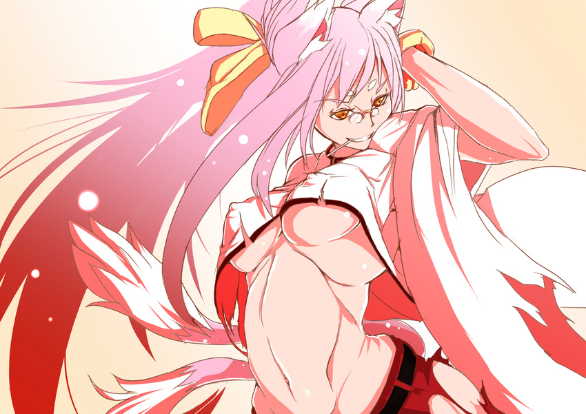 blazblue bracelet breasts candy cat_tail covered_nipples crop_top food glasses grin hair_ribbon highres jewelry kokonoe large_breasts lollipop long_hair midriff multiple_tails navel no_bra nontan_(nontanexx) pants pince-nez pink_hair ponytail red_pants ribbon smile solo tail two_side_up underboob