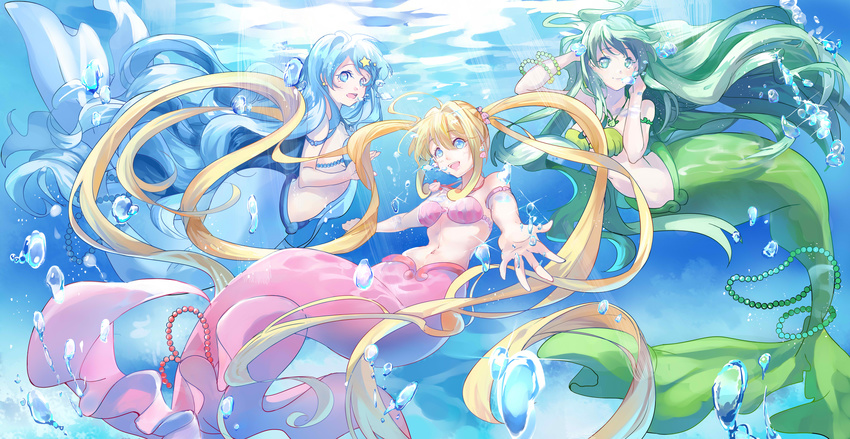 absurdres blonde_hair blue_eyes blue_hair ein_(artist) foreshortening green_eyes green_hair highres houshou_hanon jewelry long_hair mermaid mermaid_melody_pichi_pichi_pitch monster_girl multiple_girls nanami_lucia necklace outstretched_arms shell shell_bikini spread_arms touin_rina twintails underwater