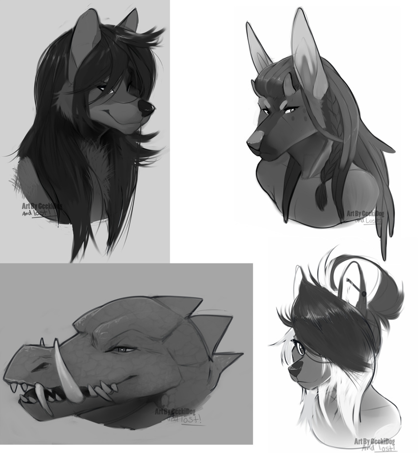 ambiguous_gender anthro canine dragon ear_piercing fangs female fur geekidog hair jackal looking_at_viewer male mammal monochrome multiple_images piercing simple_background smile teeth