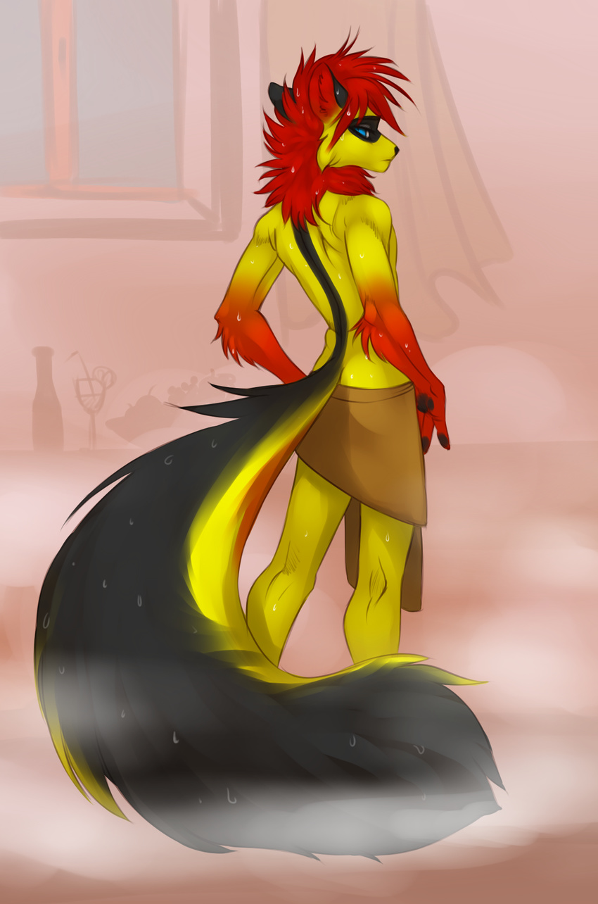 akineza anthro bare_back black_nose blue_eyes cloth eyelashes fingers fluffy fluffy_tail fur hair inner_ear_fluff looking_at_viewer mammal red_fur red_hair solo standing yellow_fur