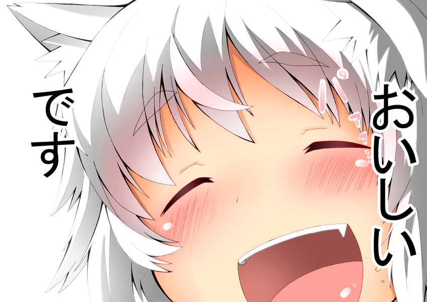 animal_ears blush closed_eyes eyebrows fang hat inubashiri_momiji open_mouth shishi_juuroku silver_hair simple_background solo thick_eyebrows touhou translated white_background wolf_ears