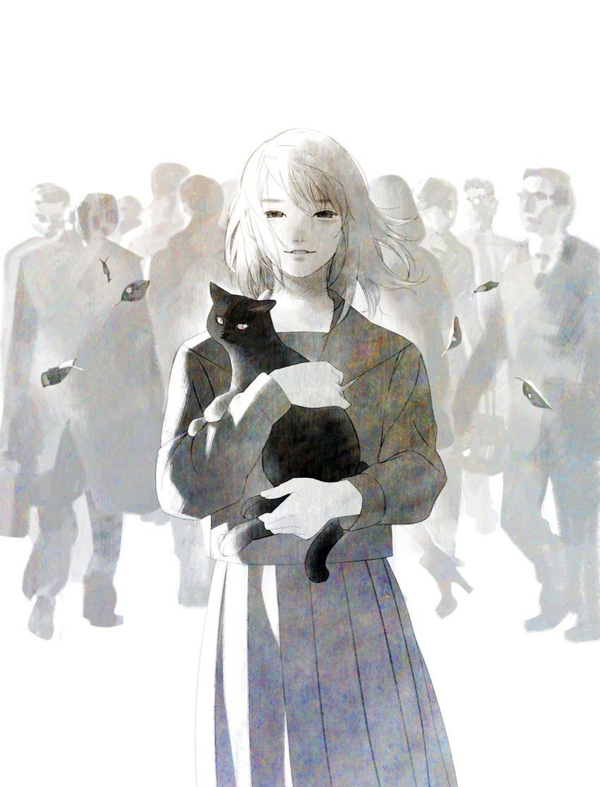 6+boys backlighting black_cat blurry cat depth_of_field greyscale highres holding leaf looking_at_viewer monochrome multiple_boys namito original school_uniform serafuku short_hair smile solo_focus squinting white_background wind