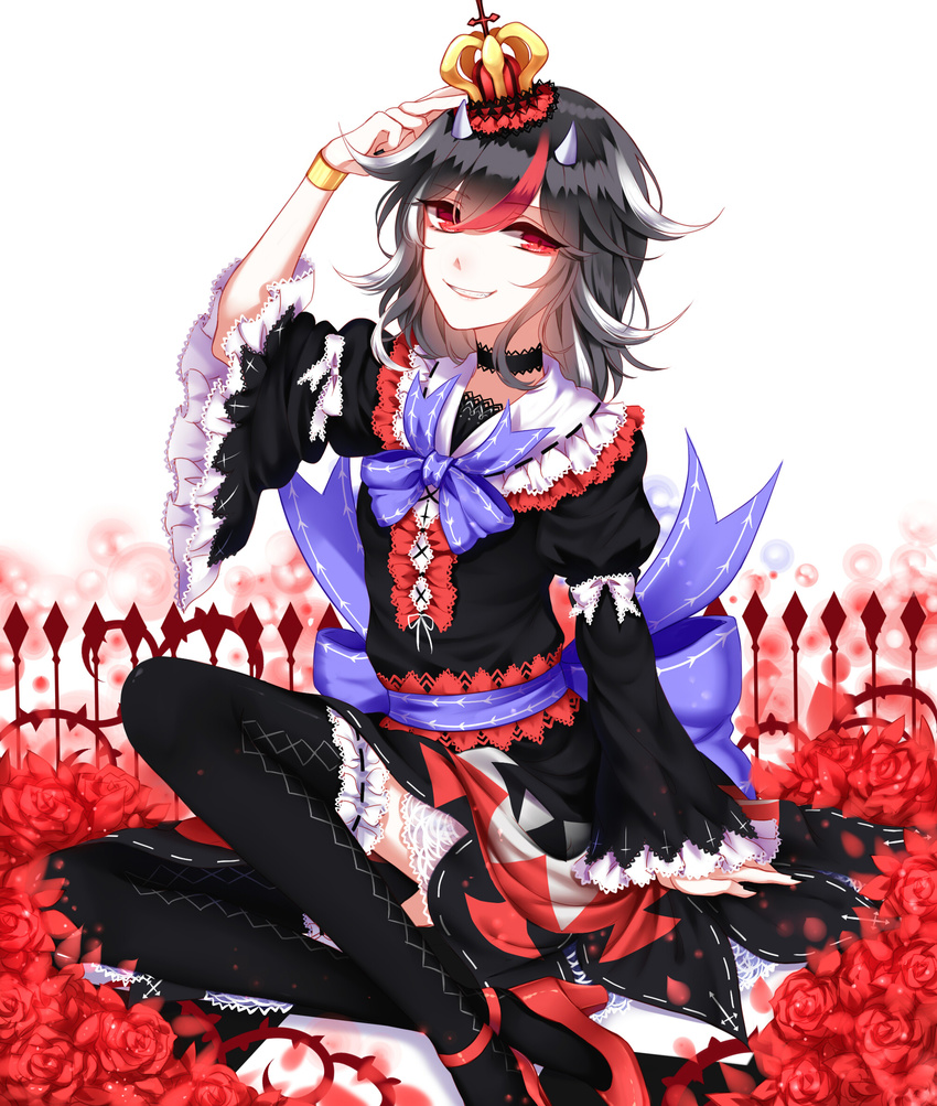 adapted_costume adjusting_clothes adjusting_hat adjusting_headwear alternate_color arm_garter arm_support bad_id bad_pixiv_id black_dress black_hair black_legwear bow bracelet checkered checkered_floor choker crown dress flower frilled_choker frilled_dress frilled_legwear frilled_sleeves frills gothic_lolita grin hat high_heels highres horns jewelry juliet_sleeves kijin_seija lolita_fashion long_sleeves looking_at_viewer multicolored_hair puffy_sleeves purple_bow purple_ribbon red_eyes red_flower red_footwear red_hair red_rose ribbon ribbon-trimmed_legwear ribbon_trim rose sash sheya shoes short_dress short_hair sitting smile solo streaked_hair thighhighs touhou white_bow white_hair wide_sleeves zettai_ryouiki