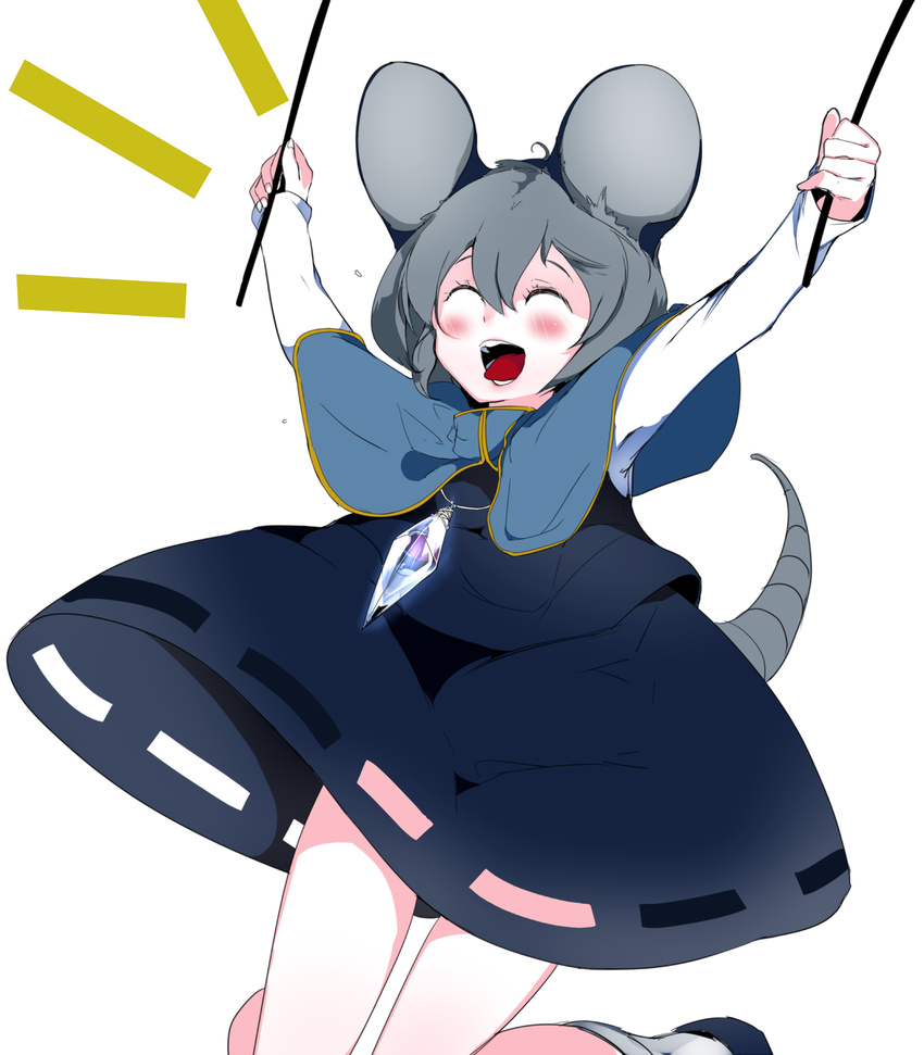 adapted_costume ahoge animal_ears arms_up black_footwear black_skirt black_vest blush capelet closed_eyes diamond dowsing_rod grey_hair hair_between_eyes happy highres ikurauni jewelry jumping long_sleeves mouse_ears mouse_tail nazrin open_mouth pendant shirt shoes short_hair simple_background skirt skirt_lift skirt_set smile solo tail teeth tongue tongue_out touhou vest white_background white_legwear white_shirt