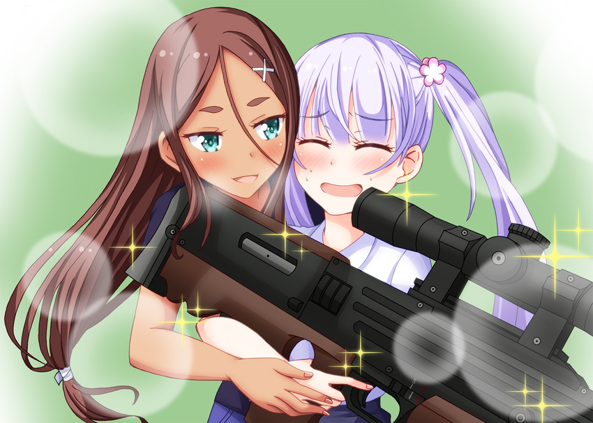 ahagon_umiko airsoft bullpup closed_eyes commentary dark_skin flower green_eyes gun hair_flower hair_ornament hasebe_akira long_hair multiple_girls new_game! purple_hair rifle sniper_rifle suzukaze_aoba twintails walther walther_wa_2000 weapon