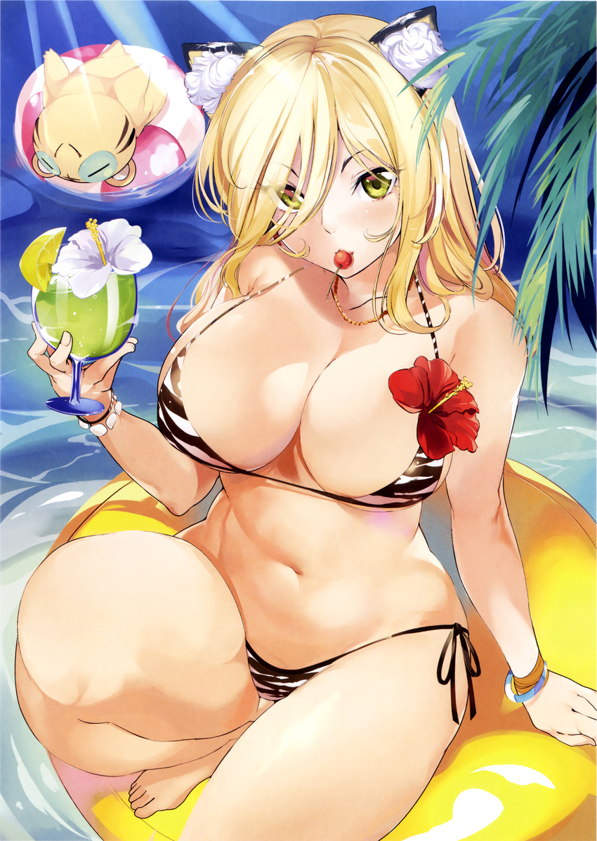 :3 absurdres animal_ears animal_print bare_legs barefoot bikini blonde_hair bracelet breasts cherry cleavage curvy day drink flower food food_in_mouth fruit green_eyes hair_over_one_eye hibiscus highres innertube jewelry kotora_(toranoana) large_breasts long_hair looking_at_viewer marushin_(denwa0214) mouth_hold navel necklace outdoors scan side-tie_bikini sitting solo string_bikini sunlight swimsuit tiger tiger_ears tiger_print toranoana