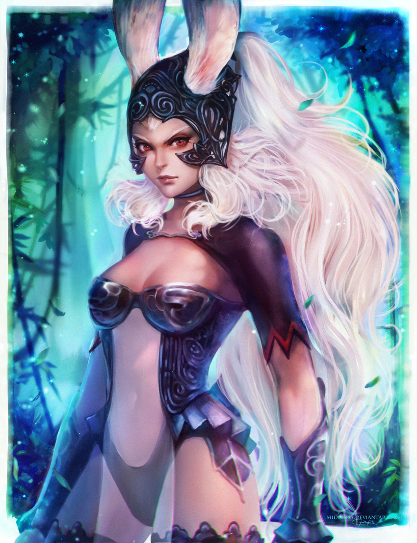 absurdres animal_ears breasts bunny_ears cleavage downscaled final_fantasy final_fantasy_xii fran highres large_breasts md5_mismatch navel pelvic_curtain red_eyes resized riikka_sofia_riekkinen see-through silver_hair solo stomach viera