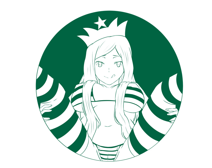 :q aster_crowley bikini crown highres long_hair monochrome solo spread_legs starbucks starbucks_siren swimsuit thighhighs tongue tongue_out transparent_background