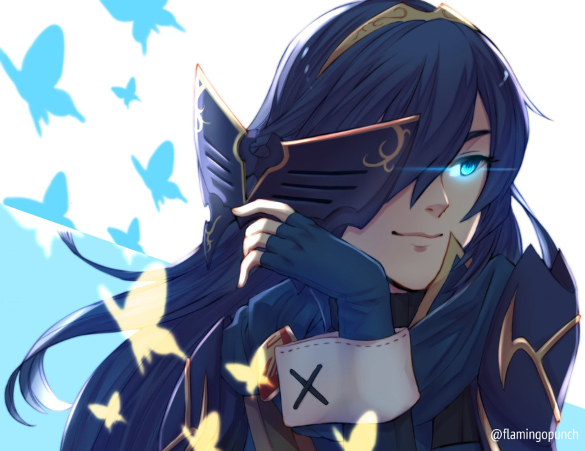 1girl blue_eyes blue_hair bug butterfly cape fingerless_gloves fire_emblem fire_emblem:_kakusei flamingo_(eme324) gloves highres insect long_hair looking_away lucina mask nintendo shiny smile solo solo_focus tiara