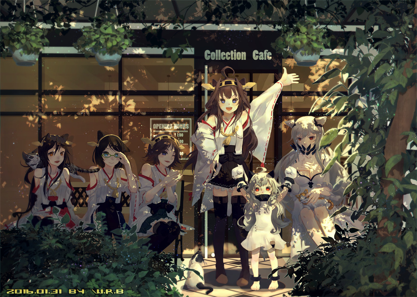 6+girls :d ahoge animal animal_on_shoulder aqua_eyes arms_up artist_name bangs barefoot bench black_hair black_legwear black_skirt blue_eyes blue_skirt boots breast_suppress breasts brown_eyes brown_hair bush cat cat_on_lap cat_on_shoulder cleavage clenched_hands closed_mouth commentary_request dated detached_sleeves dress english glasses gloves green-framed_eyewear grey_hair hairband hand_on_hip haruna_(kantai_collection) hiei_(kantai_collection) kantai_collection kirishima_(kantai_collection) kongou_(kantai_collection) long_hair long_sleeves looking_at_another looking_at_viewer medium_breasts midway_hime multiple_girls no_legwear nontraditional_miko northern_ocean_hime number one_eye_closed open_mouth orange_eyes outdoors parted_lips plant pleated_skirt potted_plant ribbon-trimmed_sleeves ribbon_trim semi-rimless_eyewear shinkaisei-kan sitting skirt sleeveless sleeveless_dress smile standing storefront swept_bangs thigh_boots thighhighs under-rim_eyewear v-shaped_eyebrows very_long_hair w.r.b white_dress white_gloves white_skin