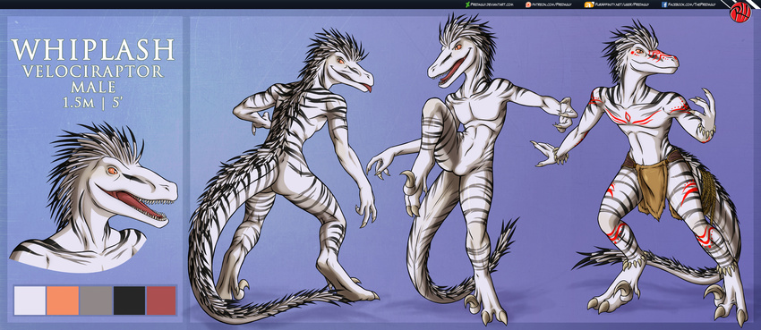 anthro anthrosaurs armpits bone_jewelry claws clothed clothing dinosaur feathers loin-cloth male model_sheet nude predaguy quills raised_leg raptor stripes tattoo theropod tribal whiplash white_skin
