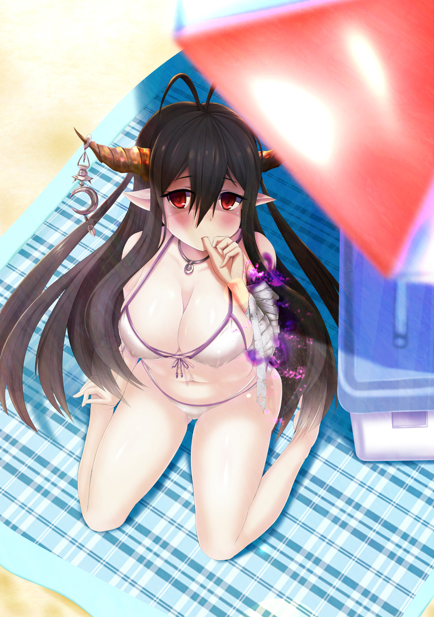 absurdres antenna_hair bandaged_arm bandages beach_umbrella bikini black_hair blush breasts cleavage commentary_request covered_nipples crescent danua draph from_above granblue_fantasy hair_between_eyes haru_(hottikisu25) highres horn_ornament horns jewelry large_breasts long_hair looking_at_viewer navel necklace pointy_ears red_eyes sitting solo swimsuit thumb_sucking umbrella wariza white_bikini