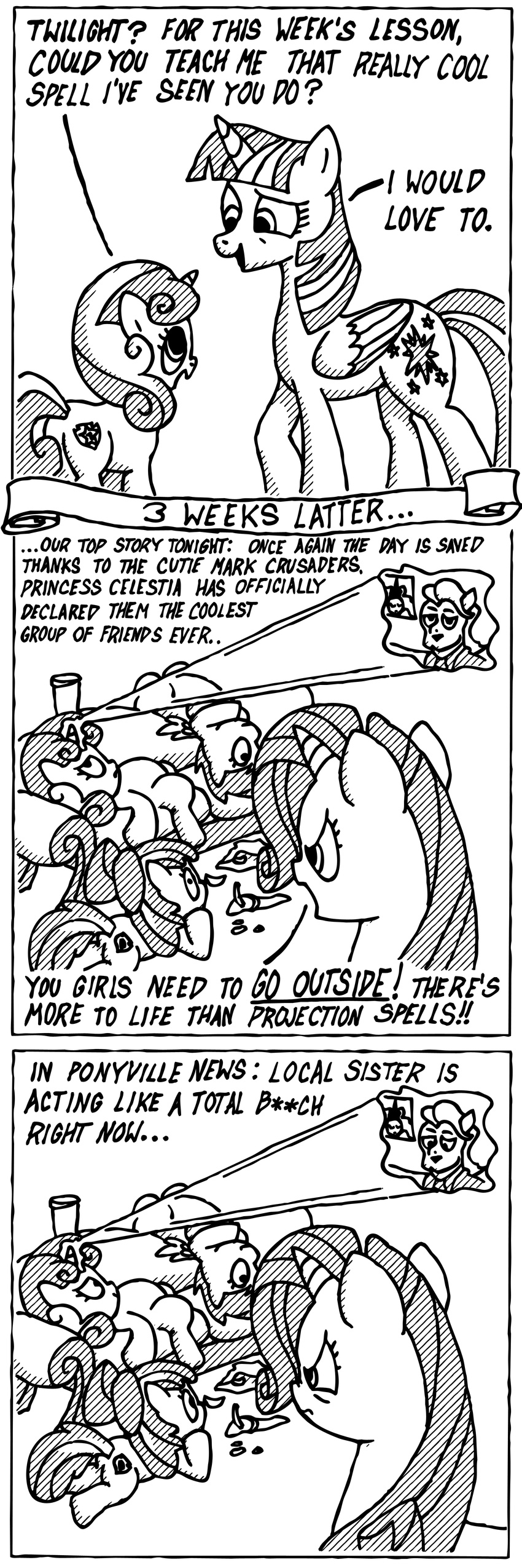 2016 absurd_res apple_bloom_(mlp) billneigh black_and_white comic cutie_mark_crusaders_(mlp) dialogue english_text equine feathered_wings feathers female feral friendship_is_magic fur group hair hair_bow hair_ribbon hi_res horn horse mammal monochrome my_little_pony pegasus pony rarity_(mlp) ribbons scootaloo_(mlp) sweetie_belle_(mlp) text twilight_sparkle_(mlp) unicorn winged_unicorn wings