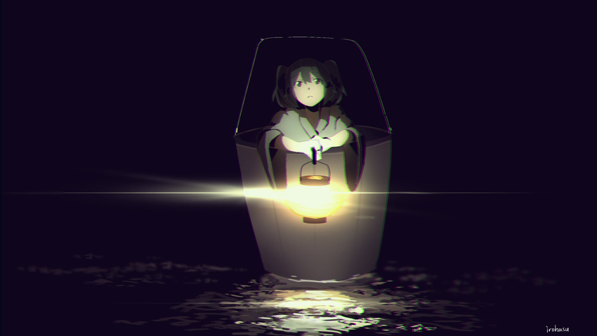 artist_name bucket chromatic_aberration eyebrows eyebrows_visible_through_hair green_eyes green_hair highres holding in_bucket in_container irohasu_(sasagarasu) japanese_clothes kimono kisume lantern lens_flare long_hair long_sleeves looking_at_viewer night short_hair solo touhou upper_body water wide_sleeves wooden_bucket