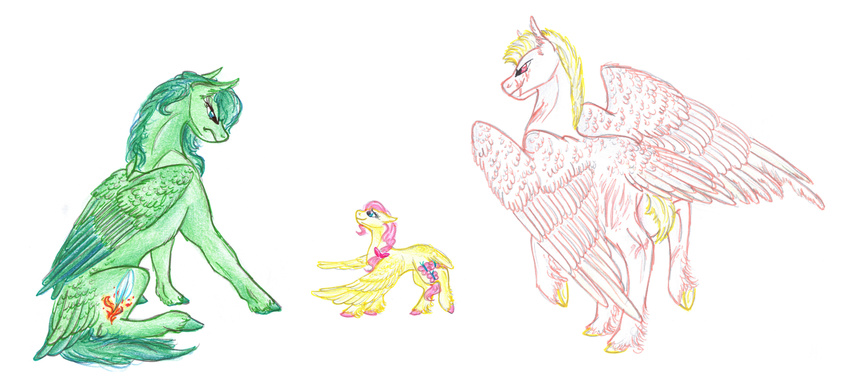 blonde_hair blue_eyes cutie_mark dawn22eagle equine eye_contact eyelashes fan_character feathered_wings feathers female fluttershy_(mlp) friendship_is_magic fur green_feathers green_fur green_hair group hair hooves male mammal my_little_pony pegasus pink_feathers red_eyes scar simple_background sitting smile standing traditional_media_(artwork) white_background wings yellow_feathers yellow_fur young