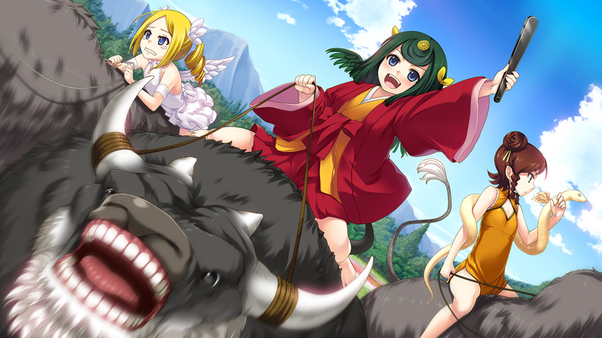 :d animal bare_shoulders benimura_karu bison blonde_hair blue_eyes braid brown_hair bunny_black bunny_black_3 child china_dress chinese_clothes cleavage_cutout day double_bun dress drill_hair dutch_angle error fan game_cg green_hair hair_ornament horns japanese_clothes kimono kyuriha long_hair miarute multiple_girls open_mouth outdoors riding smile snake straddling suisen_(bunny_black) tears teeth twin_braids twin_drills wavy_mouth white_dress wings