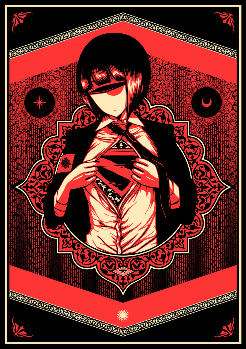 absurdres bad_id bad_pixiv_id bangs beige black black_hair black_neckwear blunt_bangs commentary crescent cyclops flower_ornament frame highres jitome limited_palette looking_at_viewer necktie nonumberless one-eyed open_clothes open_shirt original red red_eyes shirt solo star sun superman superman_(series) upper_body