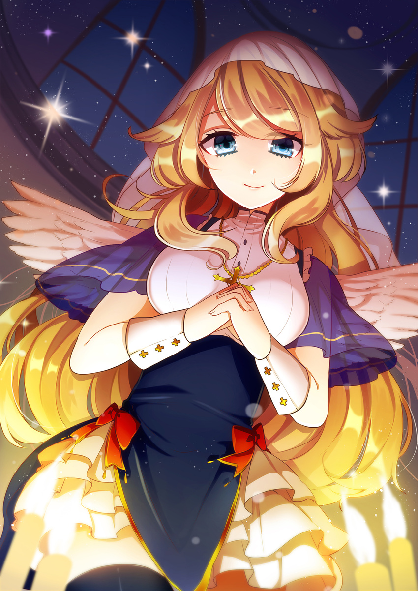 absurdres blue_eyes breasts candle hands_clasped highres kenpin long_hair looking_at_viewer medium_breasts original own_hands_together smile solo wings