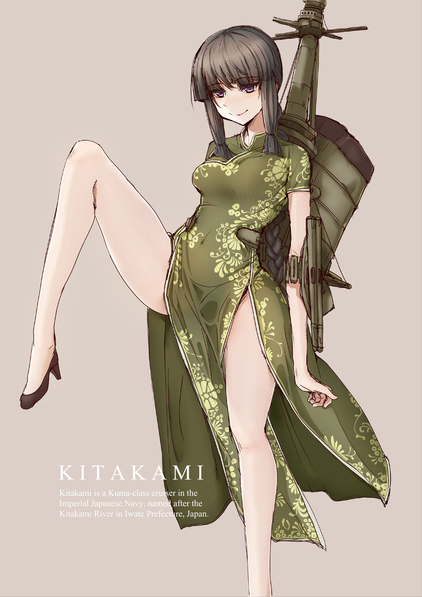 absurdres arm_strap bangs beige_background black_hair blunt_bangs breasts brown_eyes china_dress chinese_clothes commentary_request dress english eyebrows eyebrows_visible_through_hair floral_print fuu_taro high_heels highres kantai_collection kitakami_(kantai_collection) knee_up medium_breasts rigging short_sleeves side_slit sidelocks sketch smile solo tight_dress