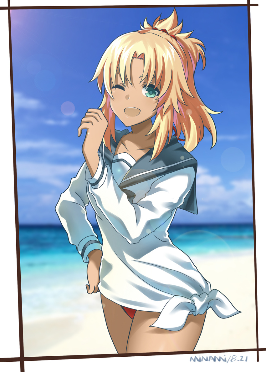 ;d absurdres aqua_eyes beach bikini blonde_hair dress fate/apocrypha fate/grand_order fate_(series) highres looking_at_viewer makise_medaka mordred_(fate)_(all) mordred_(swimsuit_rider)_(fate) ocean one_eye_closed open_mouth ponytail red_bikini sailor_dress smile solo swimsuit tan teeth