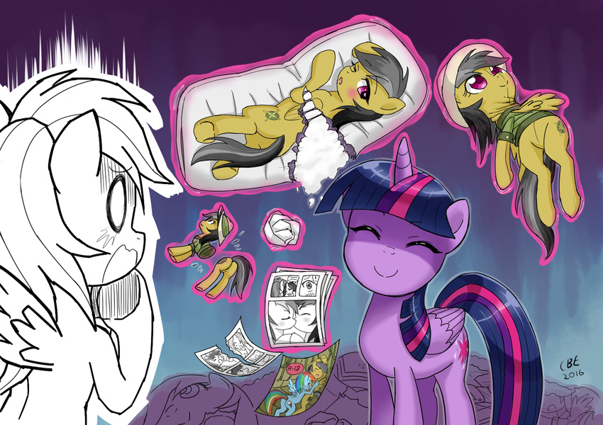 2016 blush comic crimsonbugeye dakimakura_design daring_do_(mlp) equine female female/female feral friendship_is_magic horn kissing mammal my_little_pony pegasus pillow plushie rainbow_dash_(mlp) twilight_sparkle_(mlp) winged_unicorn wings