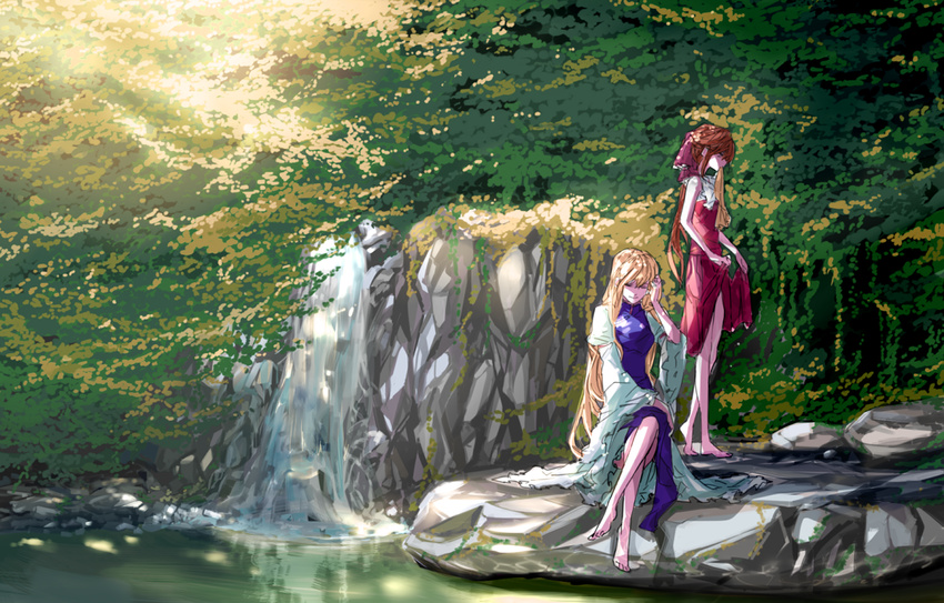 ascot bad_id bad_pixiv_id barefoot blonde_hair bow breasts brown_hair closed_eyes crossed_legs dappled_sunlight day dress flat_chest forest hair_bow hakurei_reimu hand_in_hair hand_on_own_thigh long_hair long_legs long_ponytail long_sleeves looking_down medium_breasts moss mouth_hold multiple_girls nature no_hat no_headwear outdoors puffy_long_sleeves puffy_sleeves red_shirt red_skirt reflection rekka ripples rock shirt short_hair sitting skirt sunlight tabard touhou tree undone_ascot very_long_hair walking water water_drop waterfall wet wet_clothes white_dress wide_sleeves yakumo_yukari