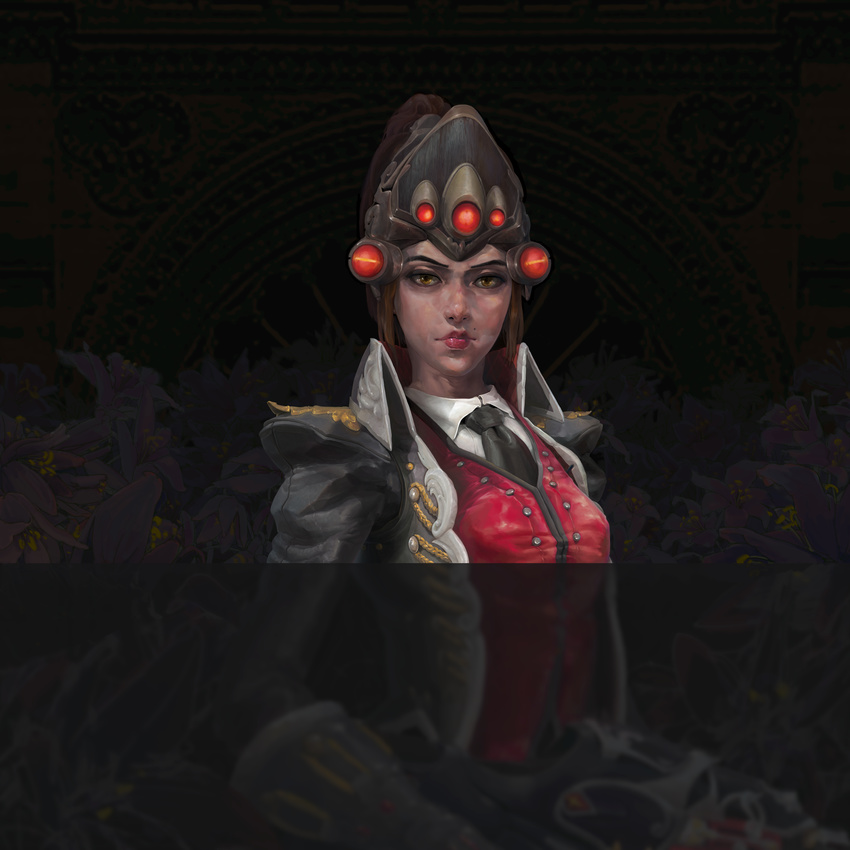 absurdres alternate_costume alternate_hair_color alternate_skin_color black_jacket black_neckwear breasts brown_hair closed_mouth collared_shirt craziness expressionless flower flower_request gun highres holding holding_gun holding_weapon huntress_widowmaker jacket long_sleeves looking_at_viewer medium_breasts necktie nose overwatch pink_lips ponytail purple_flower realistic red_vest shirt solo textless upper_body vest weapon white_shirt widowmaker_(overwatch) yellow_eyes