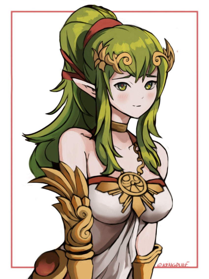 1girl absurdres bare_shoulders blush breasts chiki choker closed_mouth collarbone commentary cosplay crown dress english_commentary fire_emblem fire_emblem:_kakusei gold_choker green_eyes green_hair hair_ornament hair_ribbon headpiece highres jewelry kid_icarus kid_icarus_uprising light_smile long_hair looking_at_viewer mamkute medium_breasts nintendo open_eyes palutena palutena_(cosplay) pointy_ears ponytail ribbon smile solo strapless strapless_dress super_smash_bros. super_smash_bros._ultimate the_kingduke twitter_username white_background white_dress