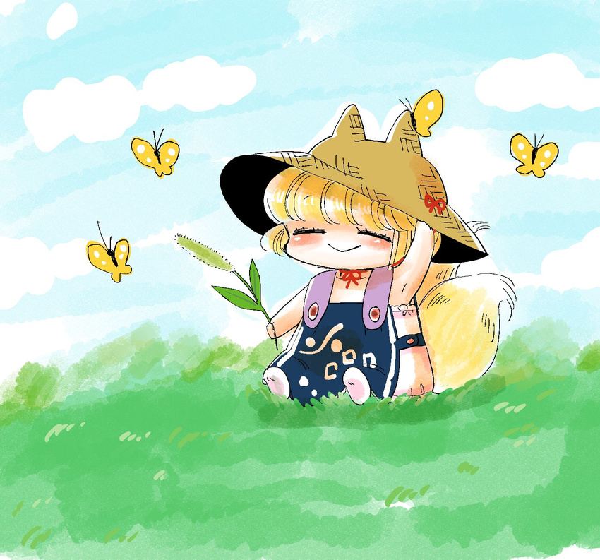 :&gt; alternate_costume arm_up bug butterfly chin_strap closed_eyes cloud commentary day eyebrows eyebrows_visible_through_hair flower flower_request fox_tail grass hand_on_headwear hat hat_with_ears highres holding holding_flower insect komaku_juushoku multiple_tails overalls plant short_hair sitting sitting_on_ground sleeveless smile solo straw_hat suspenders tail touhou two_tails wheat_grass yakumo_ran younger