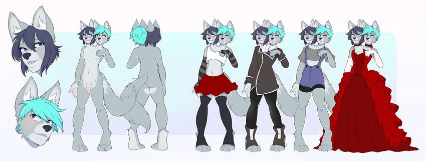 2016 anthro arm_warmers blue_eyes canine clothed clothing conjoined crop_top crossdressing damien_and_camille digital_media_(artwork) duo flaccid fur girly hi_res leggings legwear magicalzombie male mammal model_sheet multi_head nude penis red_dress shirt siamese_twins skirt smile