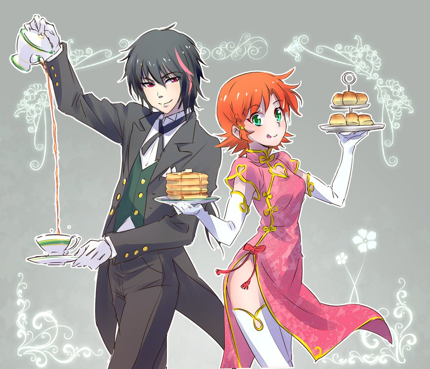 1boy 1girl black_hair butler china_dress chinese_clothes decantering dress green_eyes iesupa lie_ren long_hair looking_at_viewer nora_valkyrie orange_hair pancake ponytail rwby short_hair smile tea