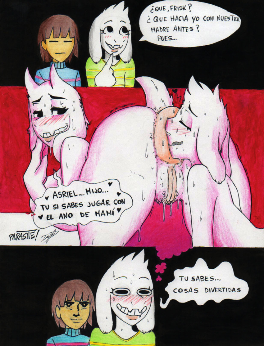anal anal_penetration anus asriel_dreemurr blush butt caprine chara_(undertale) dialogue eyes_closed goat horn mammal monster nude parasitedeath penetration pussy pussy_juice smile spanish_text text toriel traditional_media_(artwork) undertale video_games