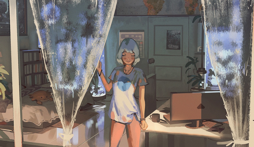 1girl aquarium bangs bare_legs bed blue_hair blush_stickers calendar_(object) check_character cowboy_shot crab cup curtains door earth-chan eyes_closed green_hair indoors jewelry klegsart map monitor multicolored_hair necklace original shirt short_hair smile solo standing t-shirt white_hair world_map