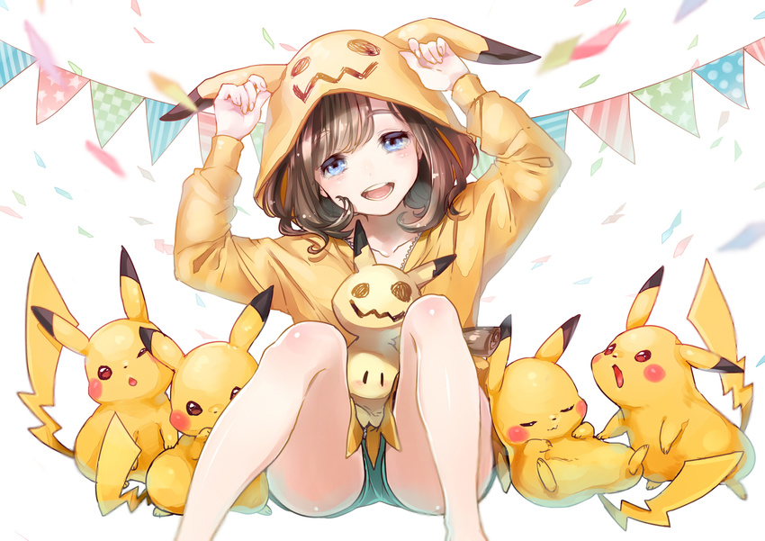 bangs beanie black_hair blue_eyes confetti cosplay gen_1_pokemon gen_7_pokemon hat highres hood hoodie kumatani looking_at_viewer mimikyu mimikyu_(cosplay) mizuki_(pokemon) open_mouth pikachu pokemon pokemon_(creature) pokemon_(game) pokemon_sm red_hat short_hair sitting swept_bangs