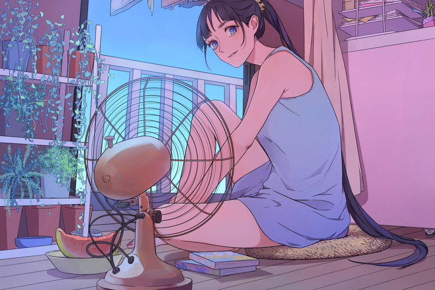 bad_id bad_pixiv_id bangs bare_shoulders barefoot black_hair blue_eyes blue_shirt blue_sky blunt_bangs book cactus clothesline curtains day electric_fan flower flower_pot food fruit highres indoors keikoku_(kujira) laundry lips long_hair looking_at_viewer nail_polish original parted_lips pink_lips plant plate ponytail potted_plant scrunchie shirt sitting sky sleeveless sleeveless_shirt solo toenail_polish toenails toes very_long_hair vines watermelon