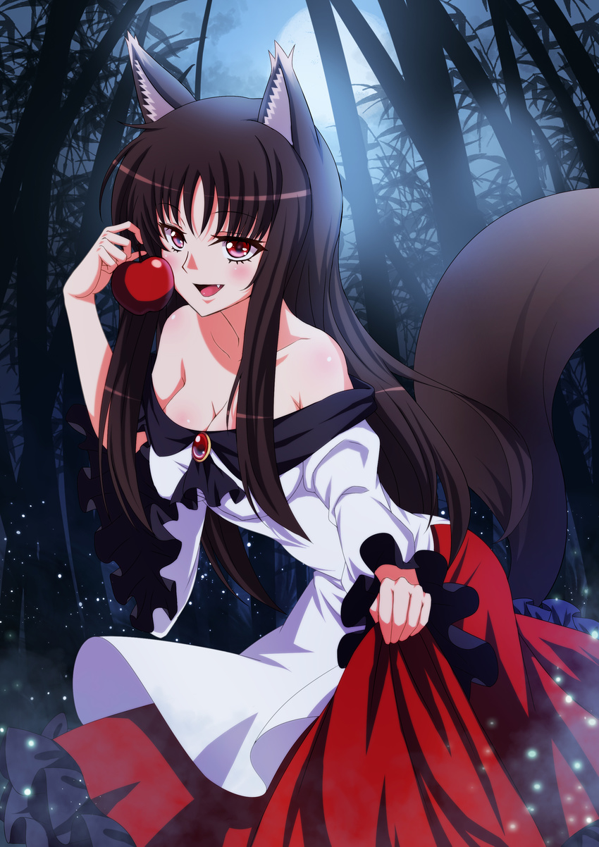 absurdres animal_ears apple backlighting bamboo bamboo_forest bare_shoulders black_hair blush breasts brooch cleavage dress fang fireflies food forest frilled_sleeves frills fruit full_moon hanging_breasts highres holding holding_food holding_fruit imaizumi_kagerou jewelry koissa large_breasts layered_dress long_hair long_sleeves looking_at_viewer moon moonlight nature night night_sky off-shoulder_dress off_shoulder outdoors red_dress red_eyes shiny shiny_hair shiny_skin skirt_hold sky smile solo tail tongue touhou very_long_hair white_dress wolf_ears wolf_tail