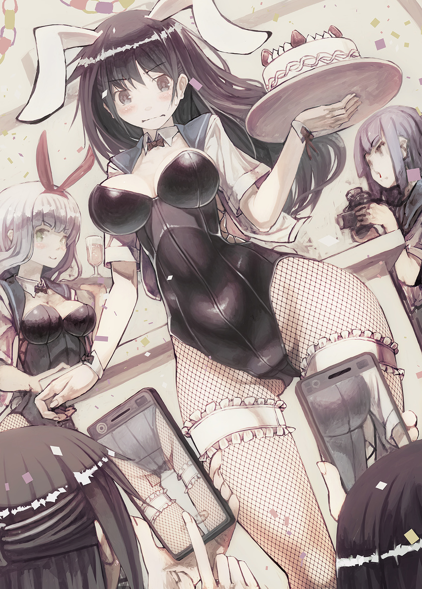 animal_ears black_hair bow bowtie bunny_ears bunny_tail bunnysuit cake camera cellphone confetti cup detached_collar drink drinking_glass fishnet_pantyhose fishnets food garters half_updo highres long_hair multiple_girls muted_color original pantyhose phone sailor_collar sailor_shirt shirt silver_hair smartphone tail taking_picture tefec tray wavy_mouth wine_glass wrist_cuffs