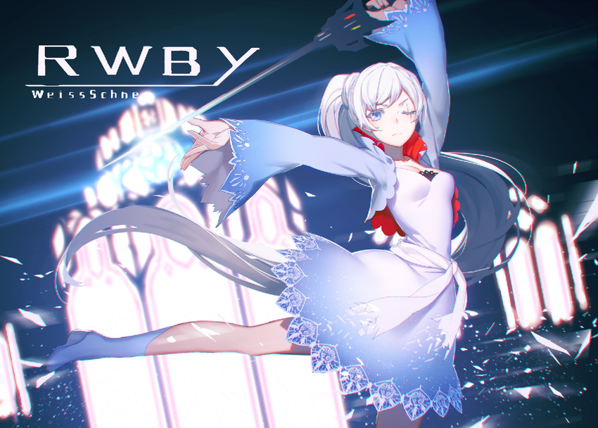 blue_eyes character_name copyright_name dress holding holding_sword holding_weapon izumi_sai left-handed long_hair myrtenaster one_eye_closed ponytail rapier rwby scar side_ponytail solo sword weapon weiss_schnee white_hair