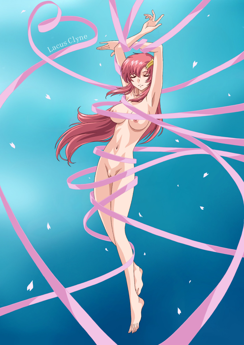 1girl absurdres armpits arms_up asymmetrical_bangs bangs barefoot blue_background breasts character_name closed_mouth expressionless eyes_closed feet female floating_hair full_body gradient gradient_background gundam gundam_seed gundam_seed_destiny hair_between_eyes hair_ornament highres lacus_clyne long_hair medium_breasts navel nipples nude petals pink_ribbon pussy red_hair ribbon sidelocks smile solo uncensored