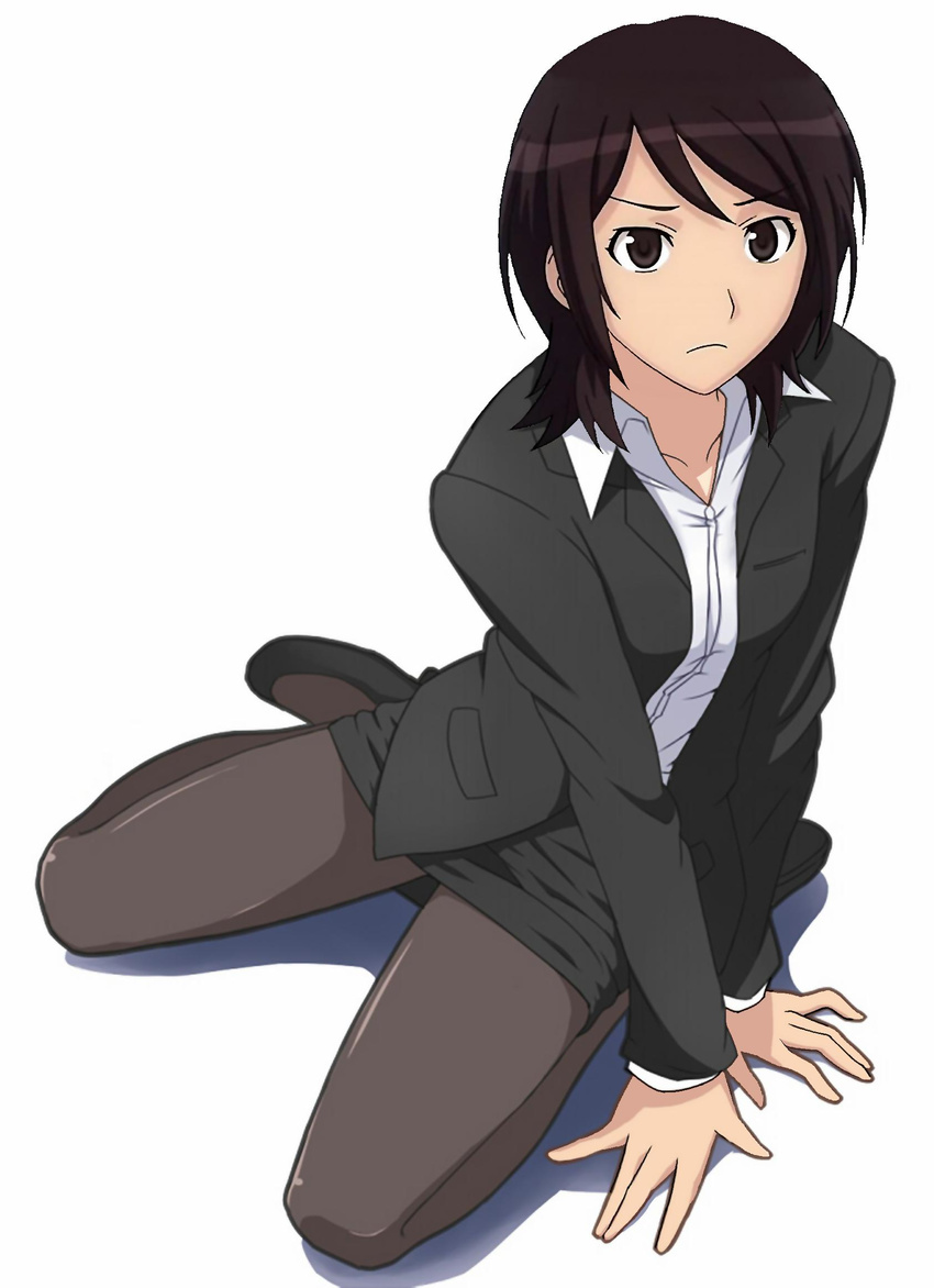 1girl amagami amagami_ss black_eyes black_jacket black_legwear black_skirt brown_hair collarbone hands high_heels jacket looking_at_viewer office_lady pantyhose shadow short_hair simple_background skirt takahashi_maya white_background