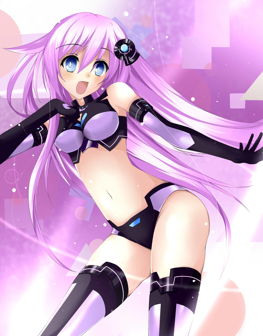 :d black_gloves black_shorts blue_eyes boots breasts breasts_apart choujigen_game_neptune cowboy_shot crop_top dialclock elbow_gloves eyebrows_visible_through_hair floating_hair gloves hair_between_eyes head_tilt highres long_hair medium_breasts navel nepgear neptune_(series) open_mouth pink_hair purple_sister short_shorts shorts smile solo standing stomach thigh_boots thighhighs very_long_hair