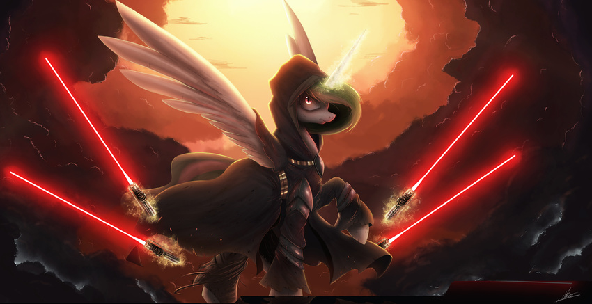 cloak clothed clothing day equine feathered_wings feathers female feral friendship_is_magic horn lightsaber looking_at_viewer magic mammal my_little_pony ncmares outside princess_celestia_(mlp) red_eyes solo standing star_wars white_feathers winged_unicorn wings