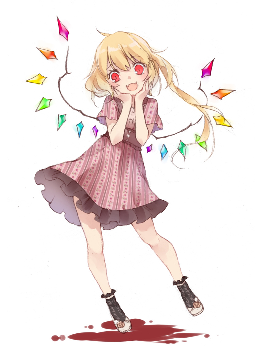 alternate_costume black_legwear blonde_hair contemporary dress fangs flandre_scarlet full_body highres looking_at_viewer open_mouth red_eyes shoes short_dress short_sleeves side_ponytail simple_background smile socks solo touhou toutenkou vampire white_background white_footwear wings